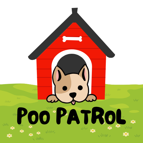 The Poo Patrol puppy peeking out of a red doghouse